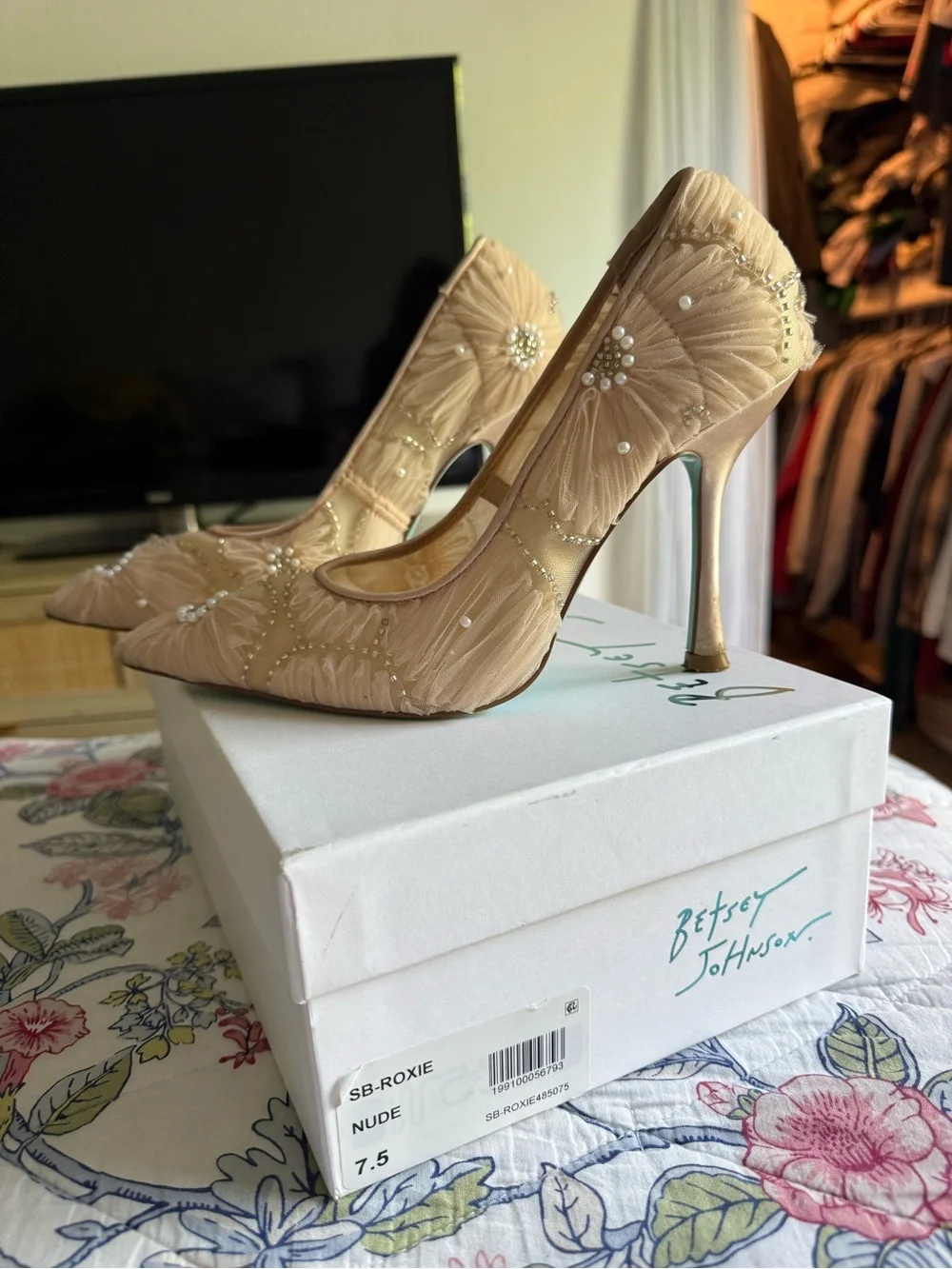 Betsey Johnson Women's Beige Embellished Pointed-Toe Pumps